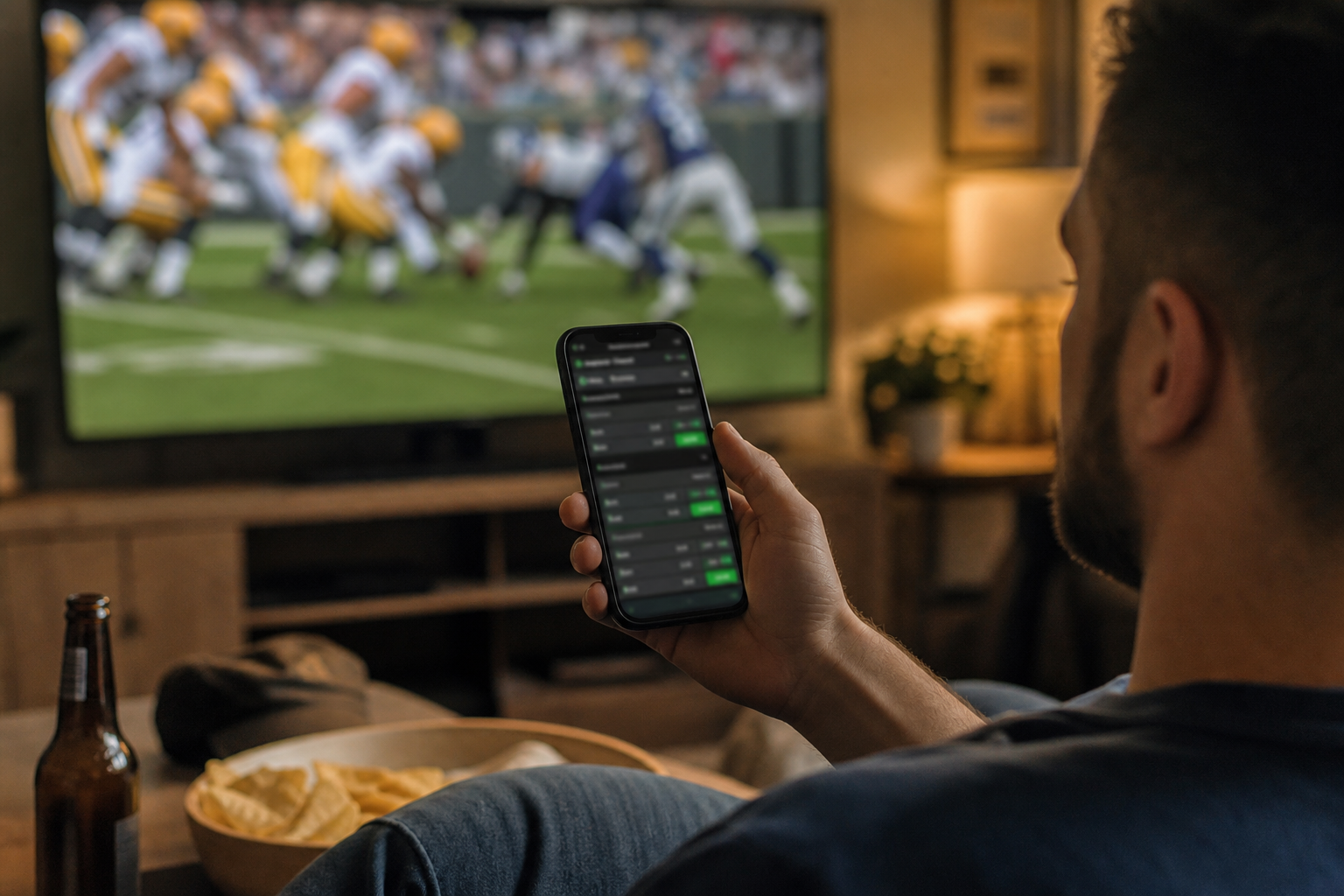 Guest on couch with sportsbook on phone while game plays on TV in background